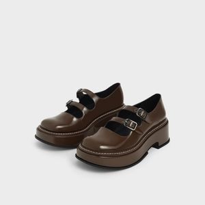 Charles and keith patent brown chunky platform Mary jane